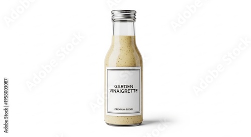 白い背景で丁寧に撮影された、透明なガラスボトル入りクリーミードレッシング。明るい光がその上質さと新鮮な風味を際立たせる。