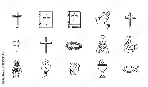 Christian icon set faith symbols Holy Week and resurrection vector illustration isolated on white background
