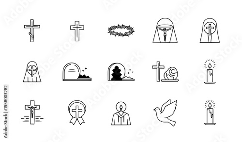 Minimal Christian symbols icon set Holy Week and resurrection flat vector collection isolated on white background