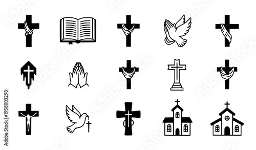 Christian faith icon collection cross Bible dove and prayer symbols vector illustration isolated on white background