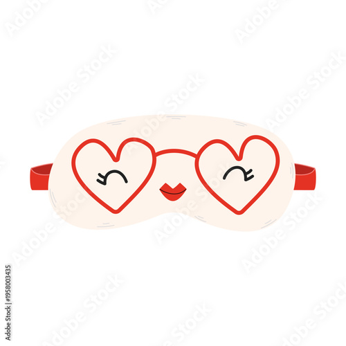 Creative sleep mask with heart-shaped glasses and red lips illustration.Concept of pajama parties, healthy sleep.