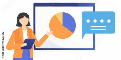 Woman presenting data analysis on a tablet with a speech bubble