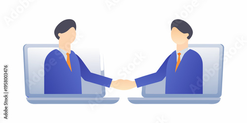 Two business people shaking hands during a virtual meeting on laptops