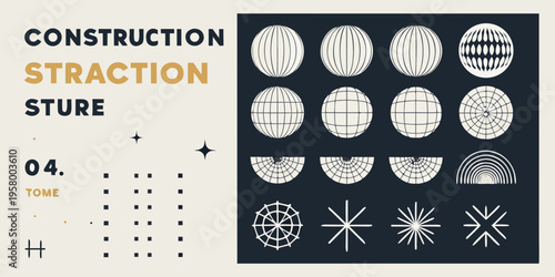 Abstract construction graphic with geometric shapes and text elements