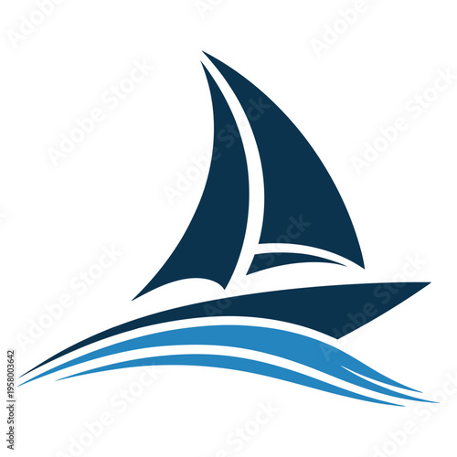 Minimalist graphic design of a sailboat gliding across stylized blue ocean waves on white background