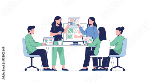 Diverse team collaborating in a modern office meeting.