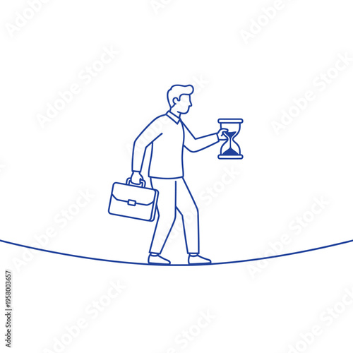 Man balancing on tightrope with briefcase and hourglass.