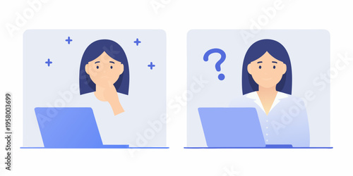 Two women using laptops one with thought bubbles and the other questioning