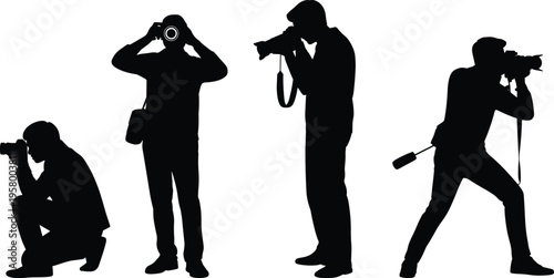 Silhouette collection of photographers in dynamic stances holding cameras, crouching, standing, and leaning forward, capturing creative photography poses