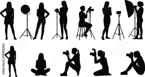 Silhouette collection of photographers with cameras, tripods, and lighting equipment in various poses, perfect for creative design projects
