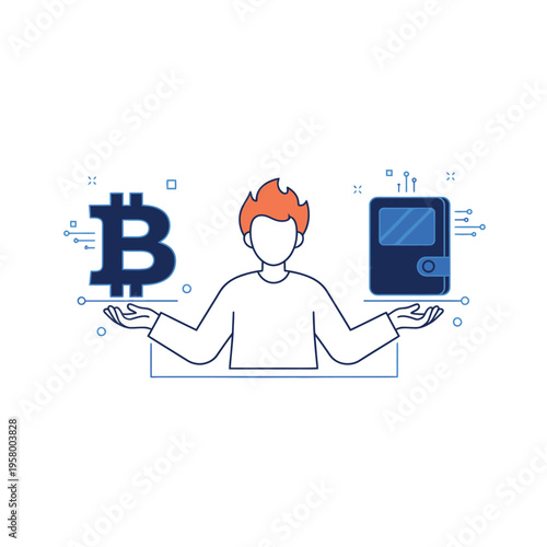 Man balancing Bitcoin and digital wallet concept illustration.