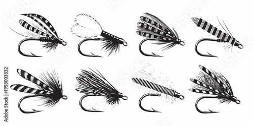 A collection of detailed black and white illustrations of various fishing flies