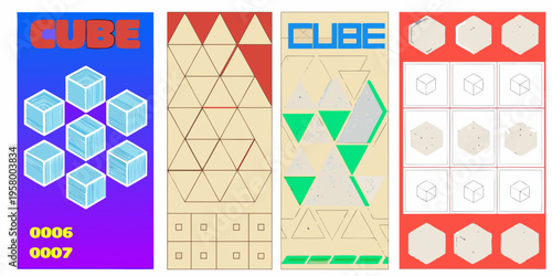 Four panels displaying geometric patterns and cube representations