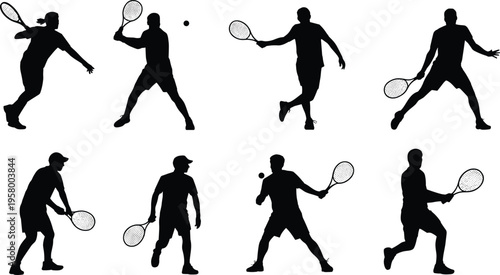 Silhouette collection of tennis players in dynamic action poses with rackets and balls, ideal for sports design and illustration