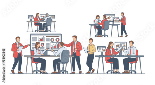 Diverse team collaborating in modern office environment analyzing data.