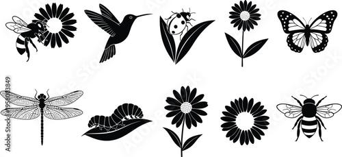 Silhouette collection of pollinators and flowers including bees, hummingbird, butterfly, dragonfly, ladybug, caterpillar, and blossoms for nature themes