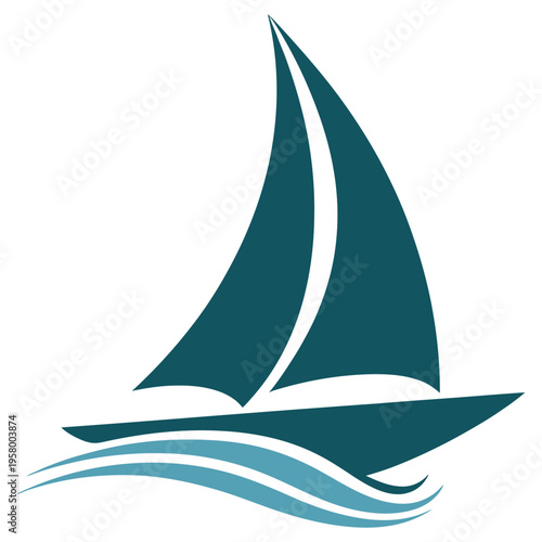 Minimalist graphic illustration of a stylized teal sailboat gliding over blue ocean waves icon