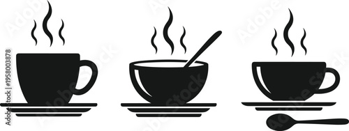 Set of steaming hot drink silhouettes with mug, bowl, and teacup on saucers, vector icons for beverage illustration design