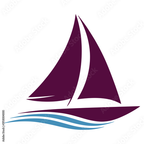 A minimalist graphic illustration of a dark purple sailboat gliding over calm blue water waves