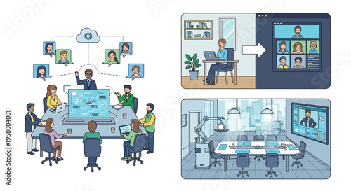 Diverse team collaborating in modern office and remote meeting.