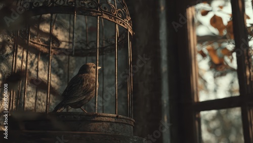 Wallpaper Mural Solitary bird in antique cage: atmospheric light and vintage ambiance Torontodigital.ca