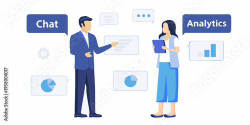 Business professionals discussing data analytics and customer communication strategies