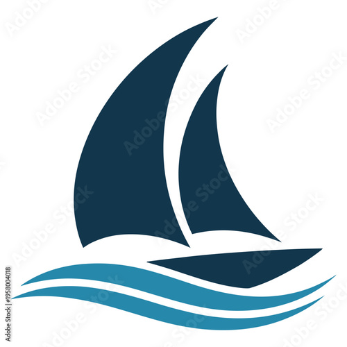 A minimalist graphic design featuring a stylized sailboat gliding over rolling blue ocean waves