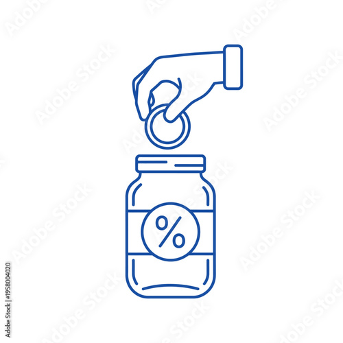 Hand dropping coin into jar with percentage symbol.