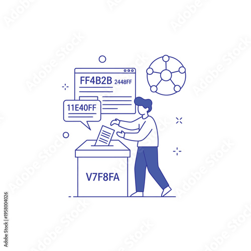 Man casting vote in a digital election with blockchain technology.