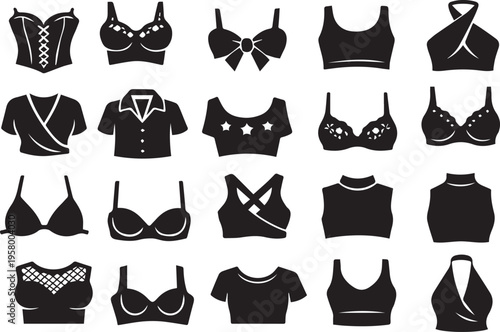 Comprehensive Vector Collection of Women's Clothing Silhouettes featuring Bras, Crop Tops, Lingerie, Sports Bras, and Fashion Apparel Icons for Design Projects and Apparel Branding.