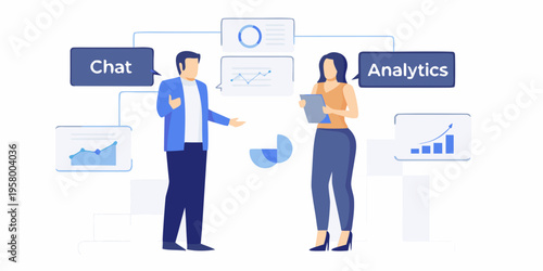 Team collaboration and data analysis illustrated with modern graphic elements