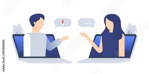 Two people connecting through laptops in a virtual meeting illustration