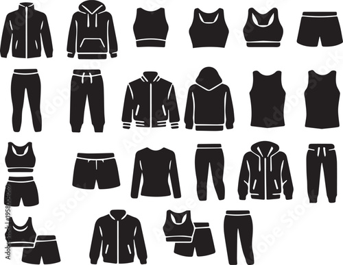 Premium Sportswear and Activewear Vector Icon Set: A Complete Collection of Athletic Apparel Silhouettes Including Hoodies, Sweatpants, Shorts, and Gym Clothes for Fitness Design Projects.