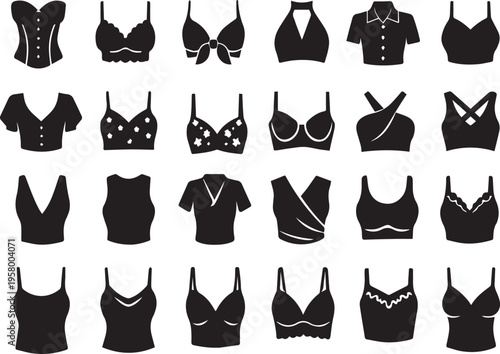 Comprehensive Set of Black Vector Silhouette Icons Featuring Women's Fashion Tops, Bras, Lingerie, Crop Tops, and Camisoles for E-commerce Design and Apparel Cataloging Illustrations.