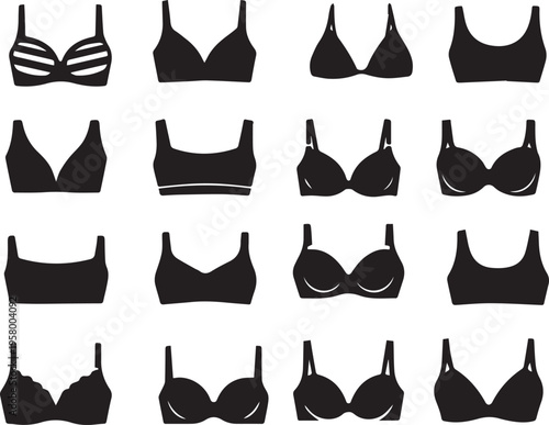 Collection of Female Bra Icons and Silhouette Lingerie Set - Modern Underwear Vector Illustration for Fashion Design, Web Icons, Retail Clothing catalogs and Intimate Apparel Branding.