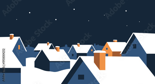 Charming snowy village under a starlit night sky with snow-covered rooftops and cozy chimneys, minimalist illustration in deep blue and white tones