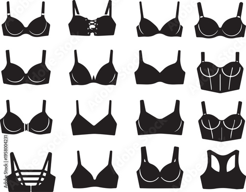 Collection of Bra Silhouettes and Lingerie Icons Set, Featuring Diverse Styles like Sports Bra, Push-Up, Bralette, and Lace-up Designs for Fashion Design, Web Icons, and Retail Graphics