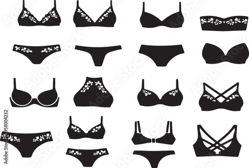 Collection of Women's Lingerie Silhouette Icons - Elegant Bra and Panty Vector Set for Fashion Design, Web Graphics, and Branding - Black Underwear Illustrations with Floral Patterns.