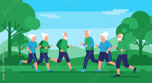 Active seniors jogging outdoors in a vibrant green park with blue skies, surrounded by trees and hills, showcasing fitness and vitality in a dynamic illustration