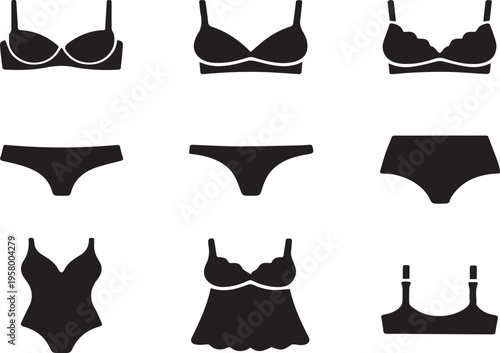 Collection of Women's Lingerie Icons: Various Bra and Panty Silhouettes, Bodysuit, Camisole, and Intimate Apparel Vector Set for Fashion Design, Web Icons, and Retail Marketing Materials