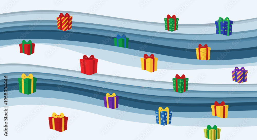 Obraz premium Colorful wrapped gift boxes scattered on abstract snowy wave-like background, creating a festive and whimsical winter scene