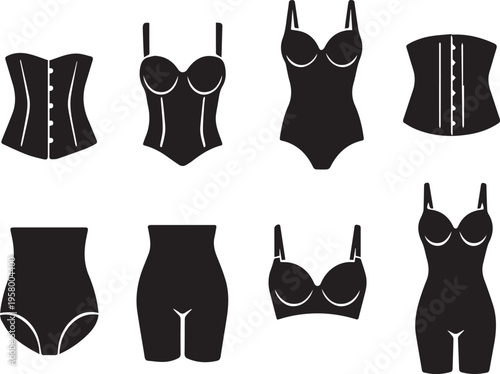 Set of Women's Shapewear Vector Icons Featuring Corsets, Bodysuits, Waist Cinchers, Control Panties, and Bras for Body Sculpting, Lingerie Design, and Fashion Illustration Needs.