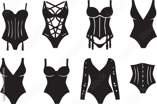 Vector Illustration Set of Women Lingerie Bodysuit and Corset Silhouettes Collection, Sexy Female Underwear Icons for Fashion Design, Web and Graphic Projects, Black and White Isolated