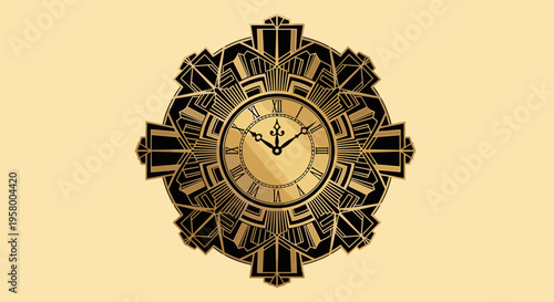 Art Deco golden clock ornament with intricate geometric patterns on beige background, showcasing elegant symmetry and vintage style