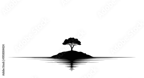 Silhouette of a lone tree on a small island with water reflection.
