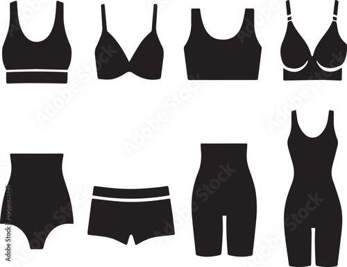 Collection of Women's Underwear and Shapewear Vector Icons Featuring Various Bra Styles, Panties, High-Waisted Shorts, and Full Body Shapers for Fashion Design and Lingerie Retail Concepts.