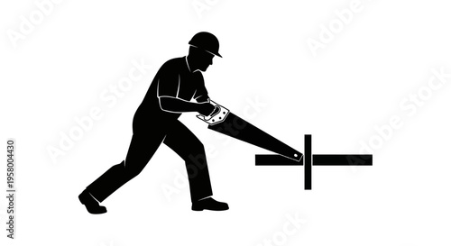 Silhouette of a male construction worker sawing wood with a hand saw.