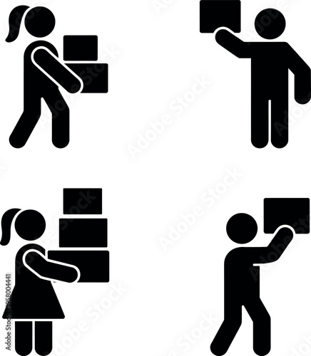 Illustrations of people carrying and holding packages and boxes in various ways