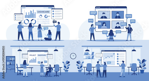 Diverse Team Collaborating in Modern Office Spaces.