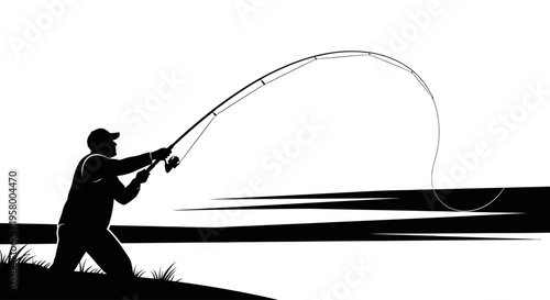 Silhouette of a man fishing with a rod and reel.